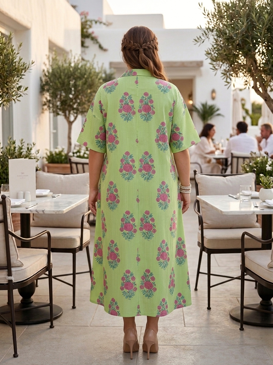 Plus Size Green Floral Printed Cotton Dress for Women | Collared A-Line Midi Dress