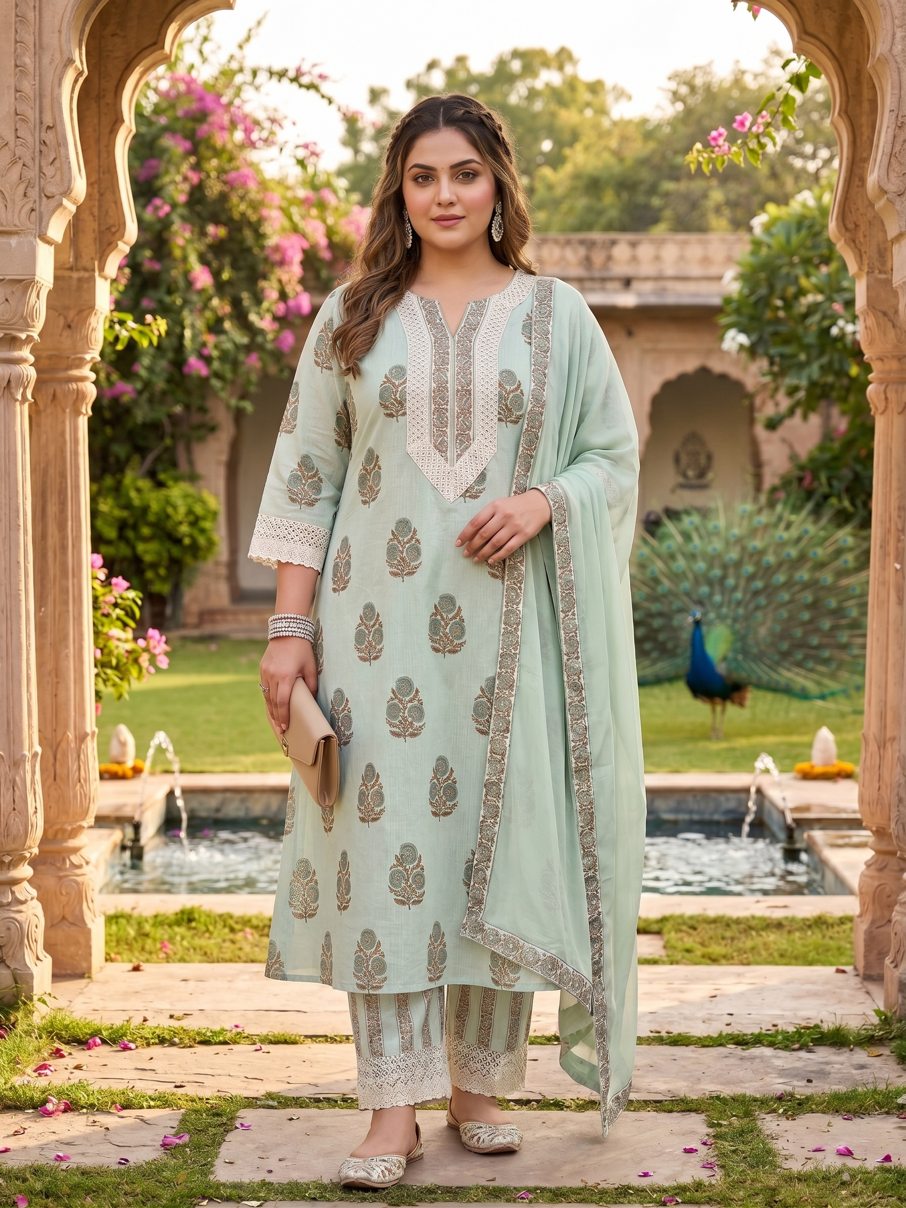 Plus Size Mint Green Floral Printed Cotton Kurta Set with Chiffon Dupatta | Women's Ethnic Suit Set