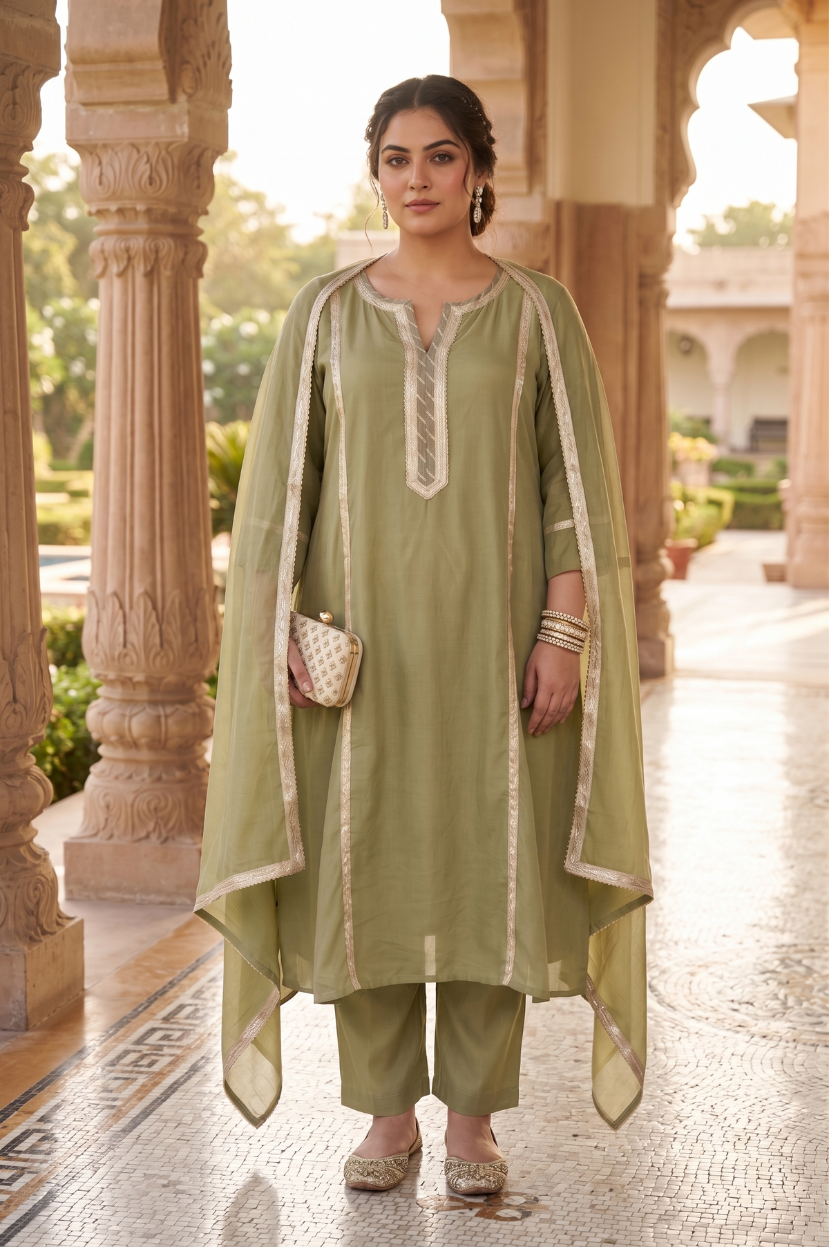 Plus Size Rayon Dupatta Set – Olive Green Kurta, Pant & Dupatta
