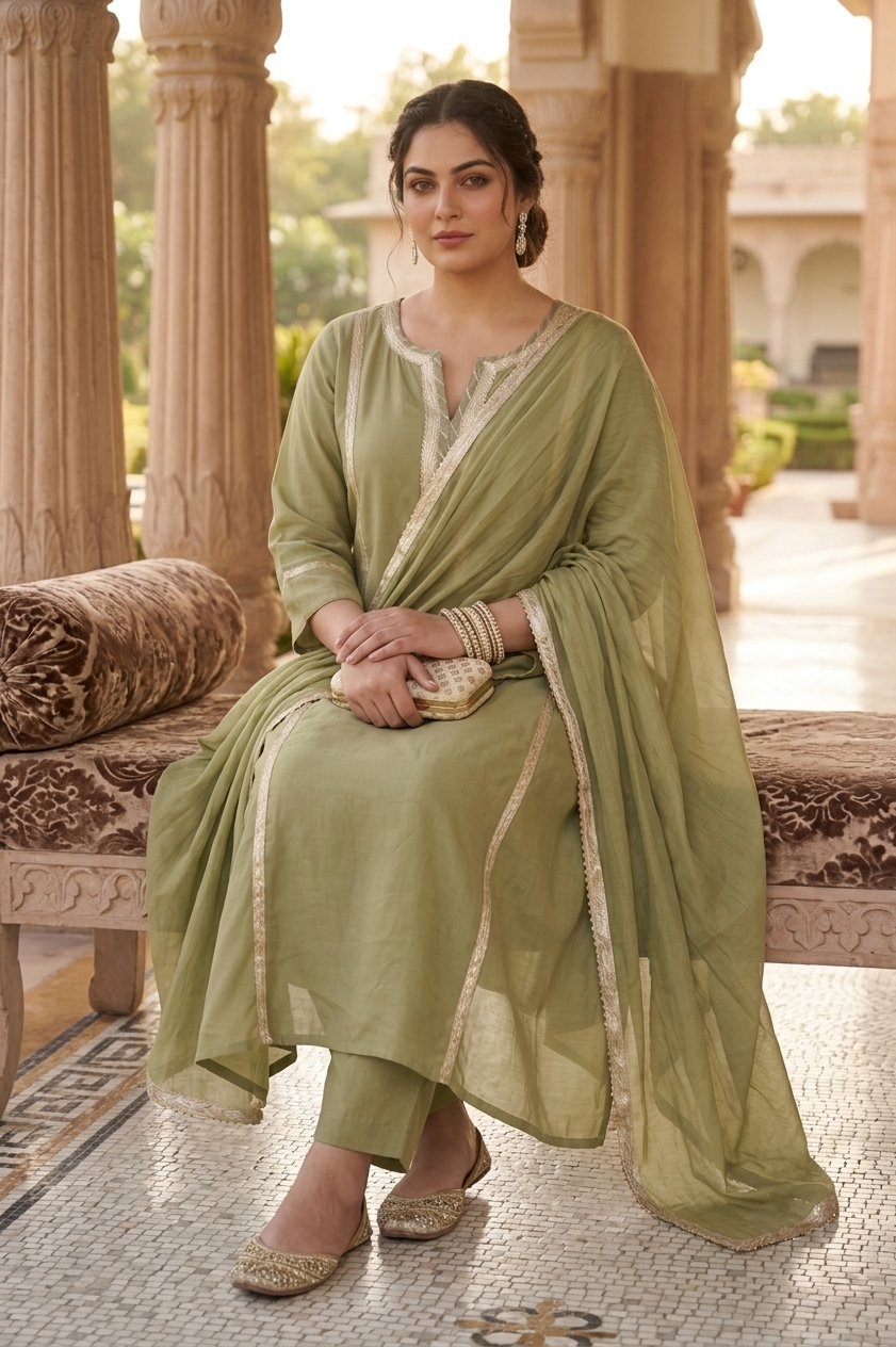 Plus Size Rayon Dupatta Set – Olive Green Kurta, Pant & Dupatta