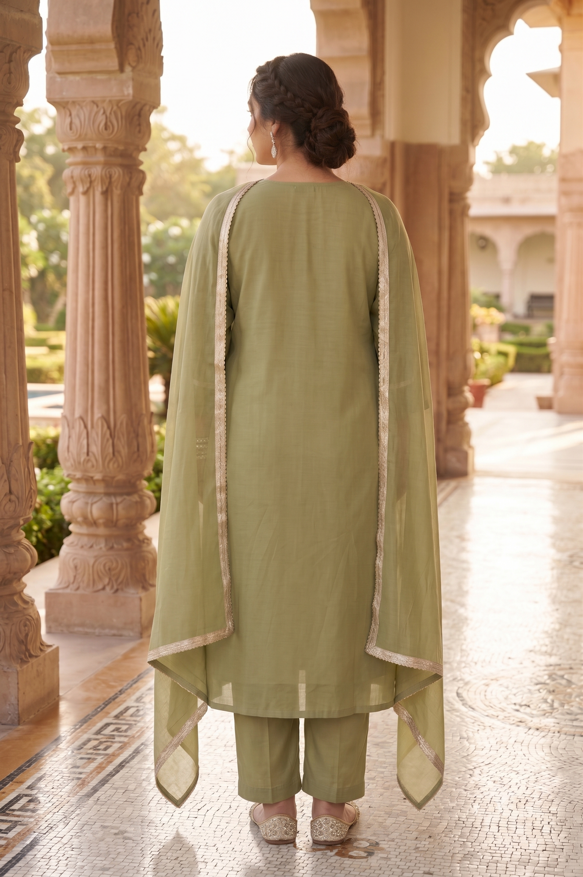 Plus Size Rayon Dupatta Set – Olive Green Kurta, Pant & Dupatta