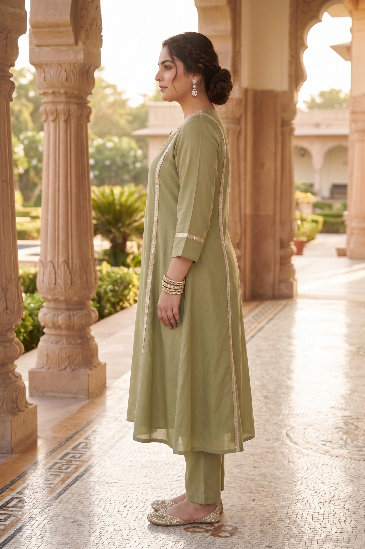 Plus Size Rayon Dupatta Set – Olive Green Kurta, Pant & Dupatta