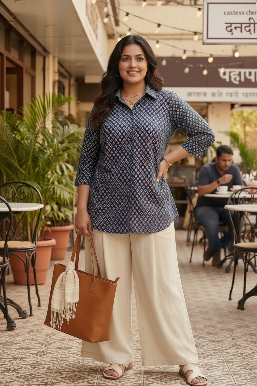 Woman in a blue patterned shirt and beige pants standing outdoors with a brown bag.