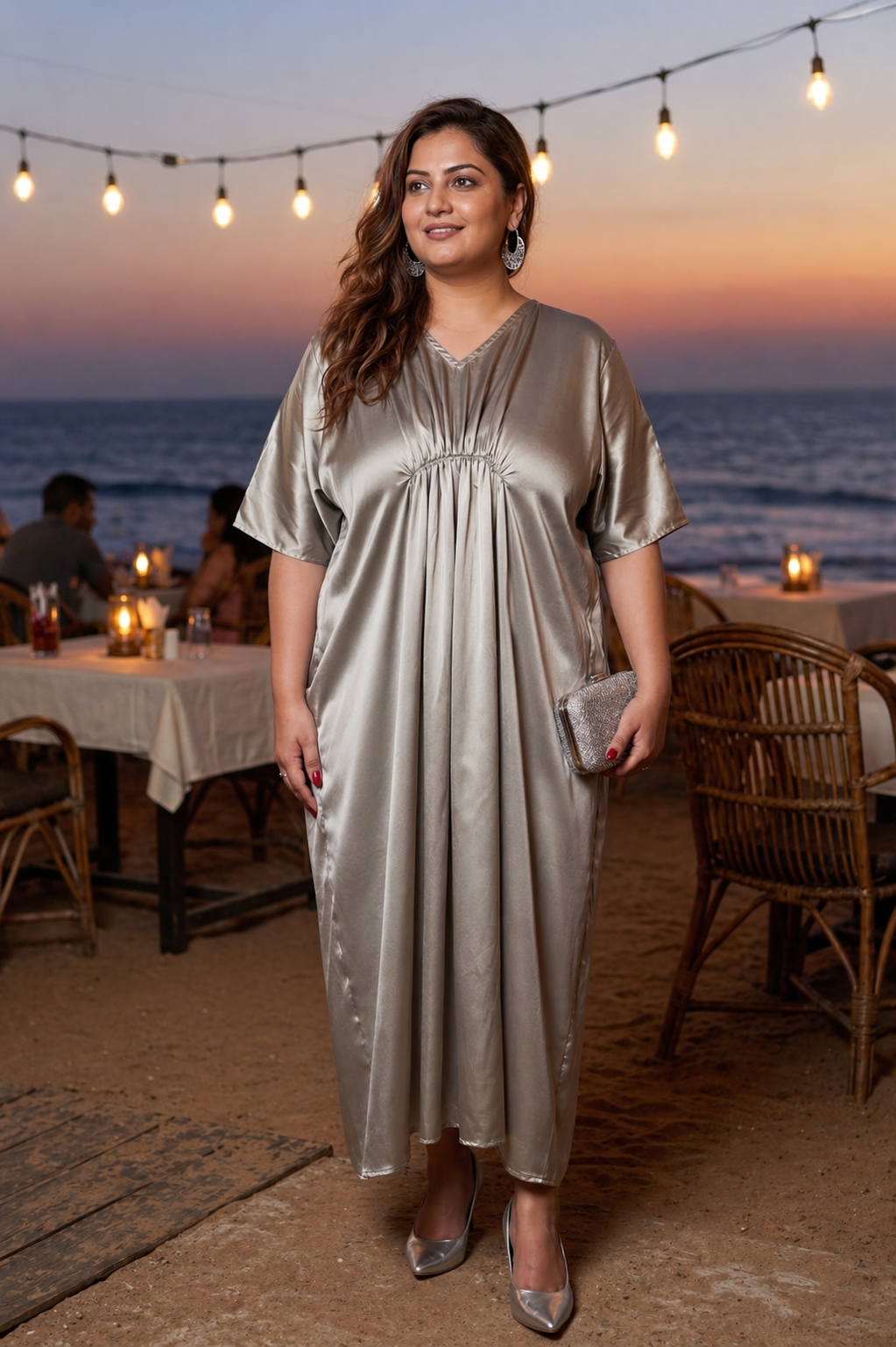 Grey Satin Maxi Kaftan Dress