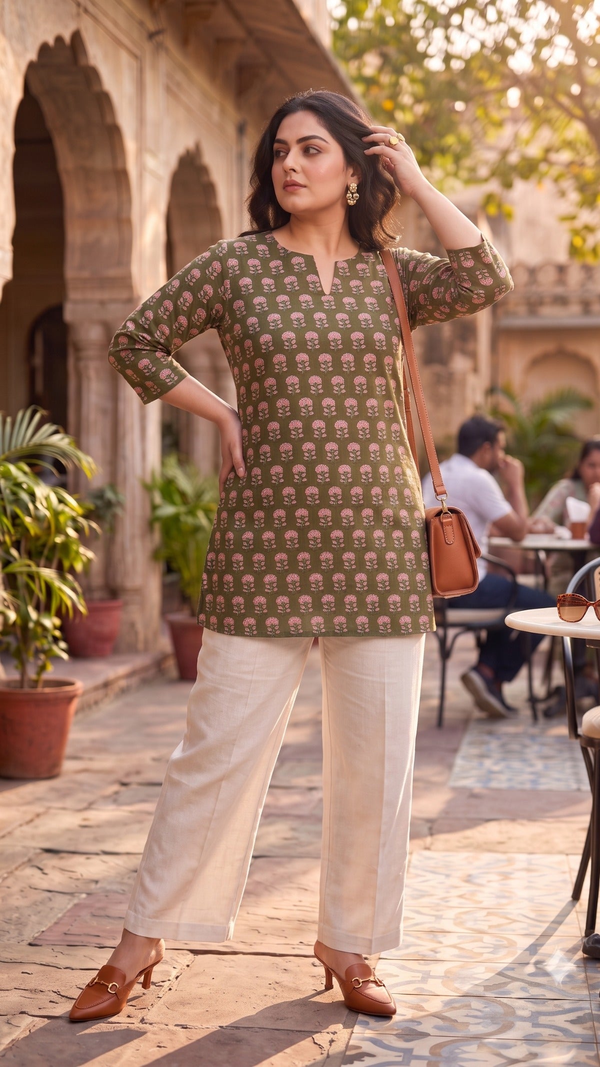 Plus Size Olive Green Printed Cotton Kurti Top for Women | Casual Straight Fit Top