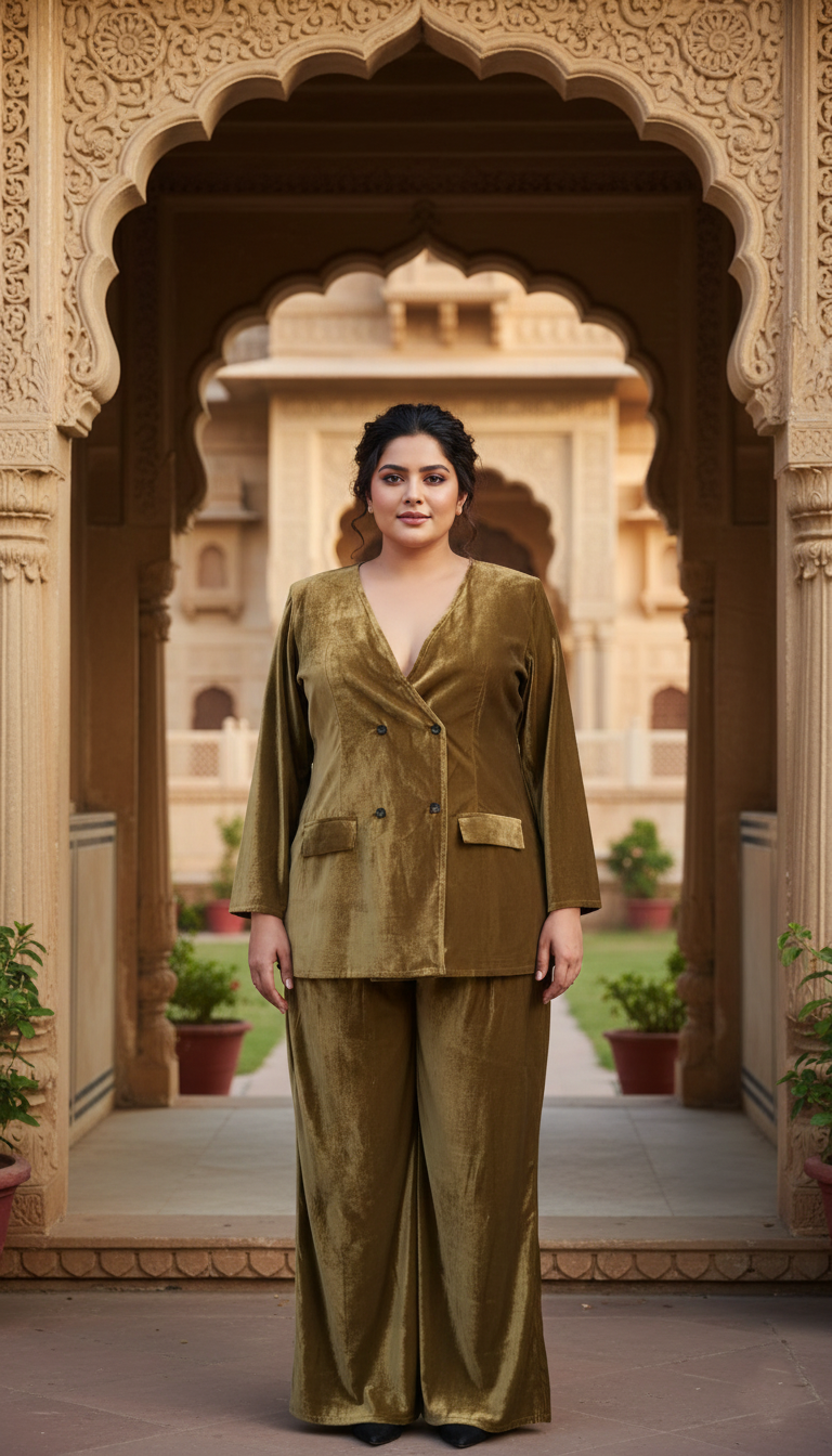 Plus Size Premium Plush Velvet Blazer & Wide-Leg Pants Co-Ord Set