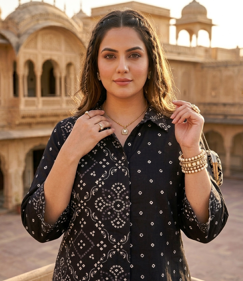 Plus Size Black Bandhani Printed Cotton Shirt for Women | Collared Button-Down Casual Shirt