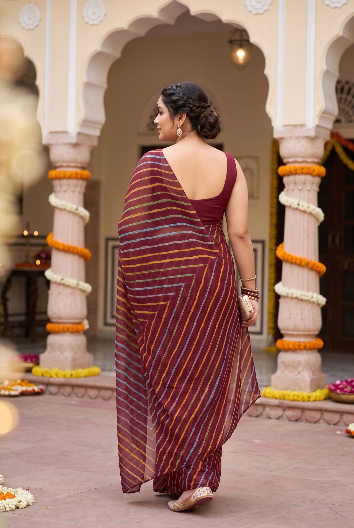 Maroon Leheriya Saree with Multi-colour Accents