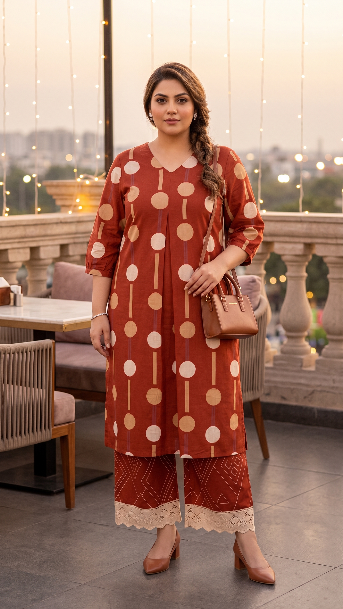 Plus Size Rust Cotton Co-ord Set for Women | Printed Kurta with Lace Palazzo