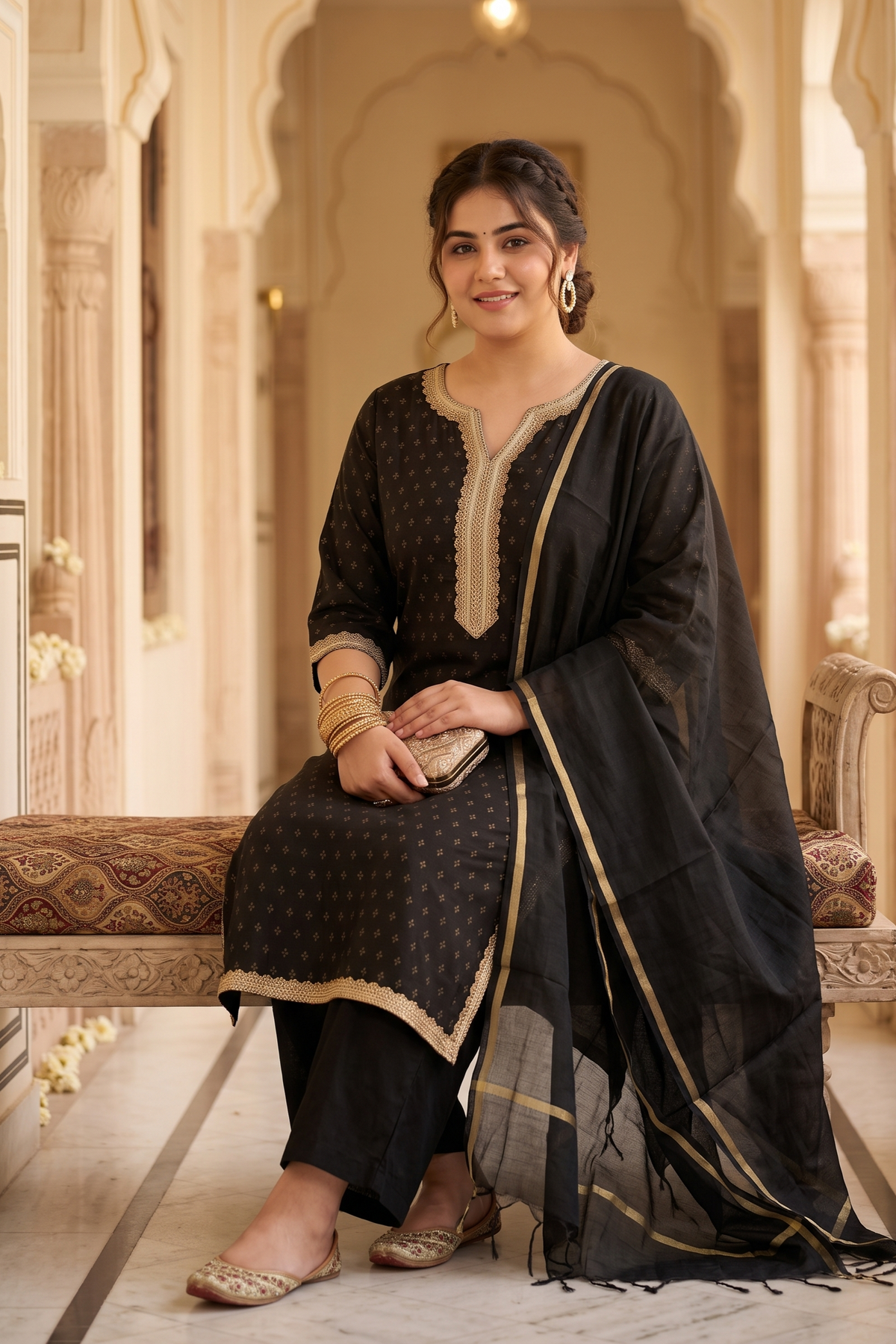 Plus Size Black & Gold Festive Benarasi Kurta Set with Chanderi Dupatta(Set of 3)