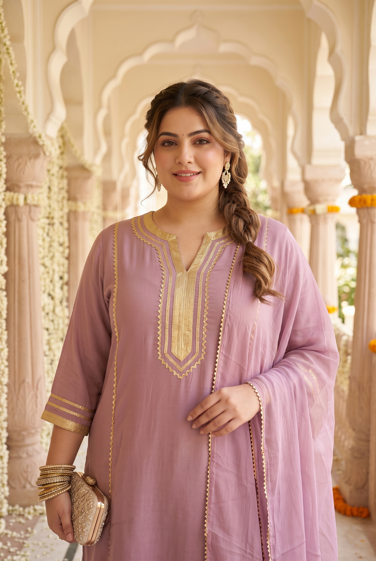 Plus Size Lavender Viscose Dupatta Set – Lace Embellished Kurta, Pant & Dupatta