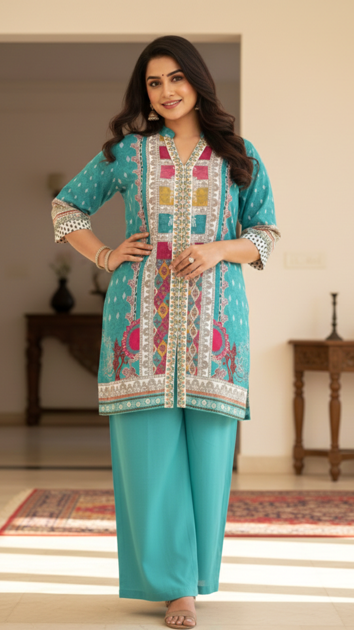 Plus Size Women’s Digital Print Satin Kurti Set with Palazzo – Elegant Ethnic Wear