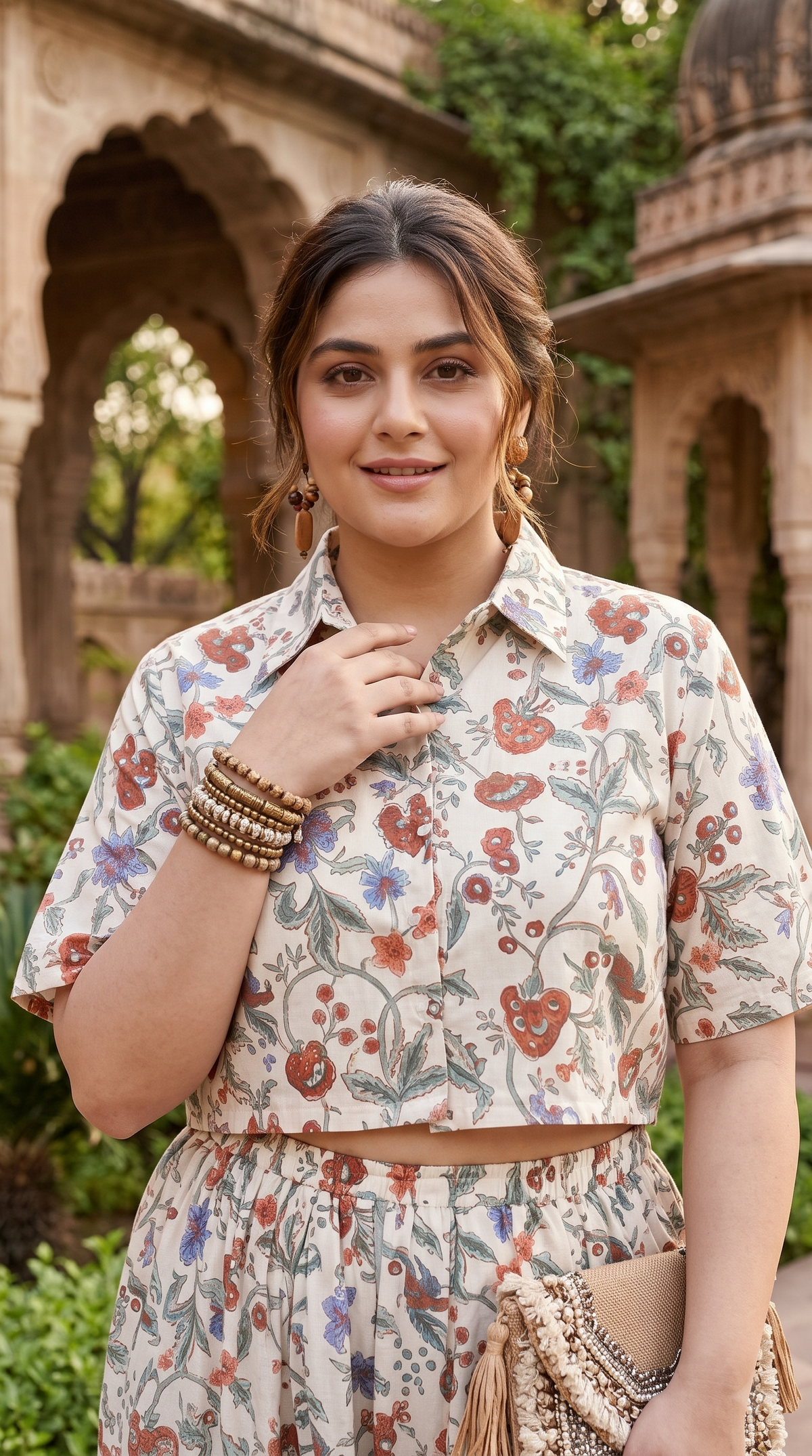 Regular Ivory Floral Print 100% Cotton Co-Ord Set | Shirt Crop Top & Harem Pants Set