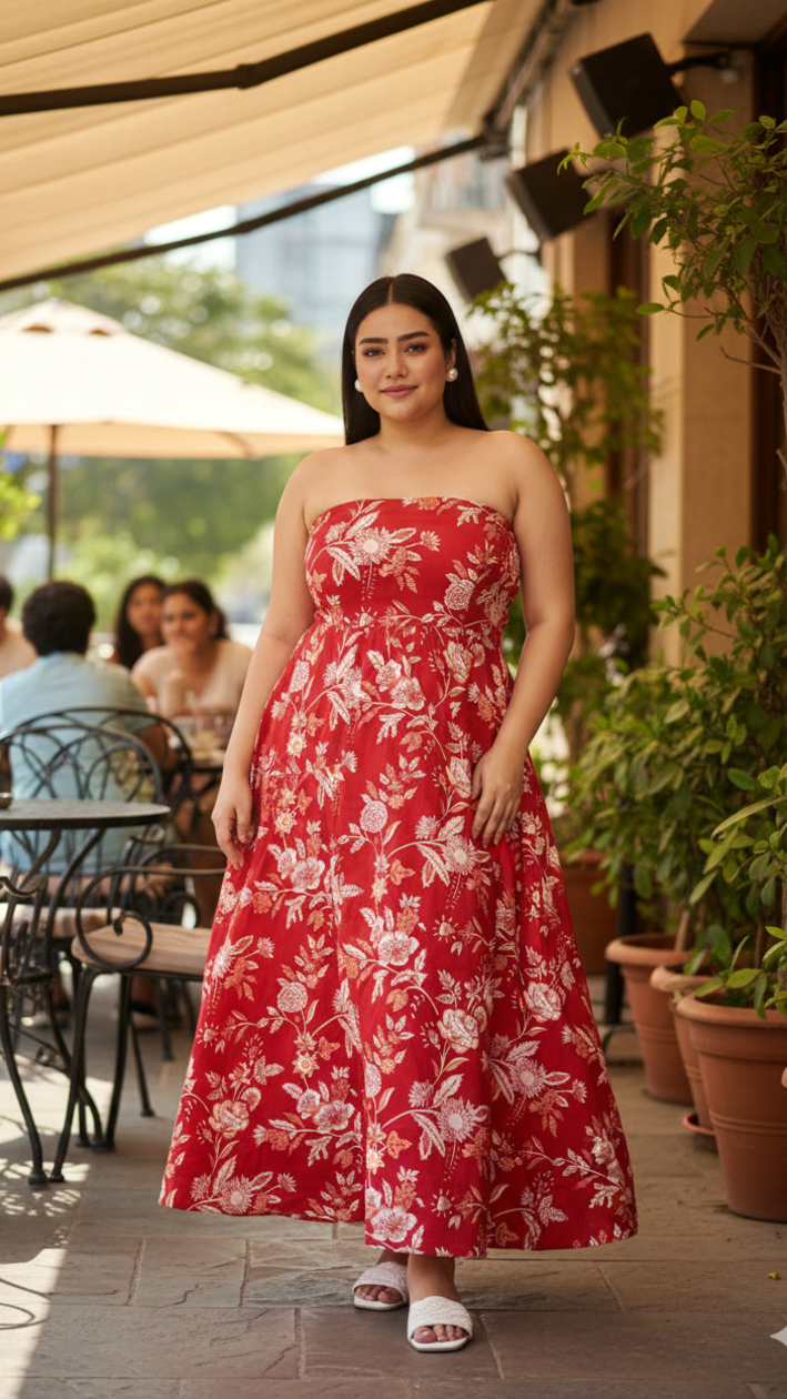 Plus Size Women’s Red Floral Cotton Strapless Maxi Dress