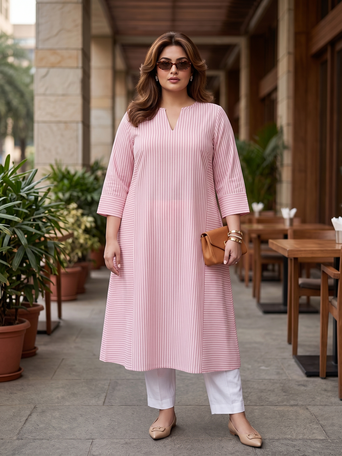 Plus Size Pink 100% Cotton Striped Flared Kurta