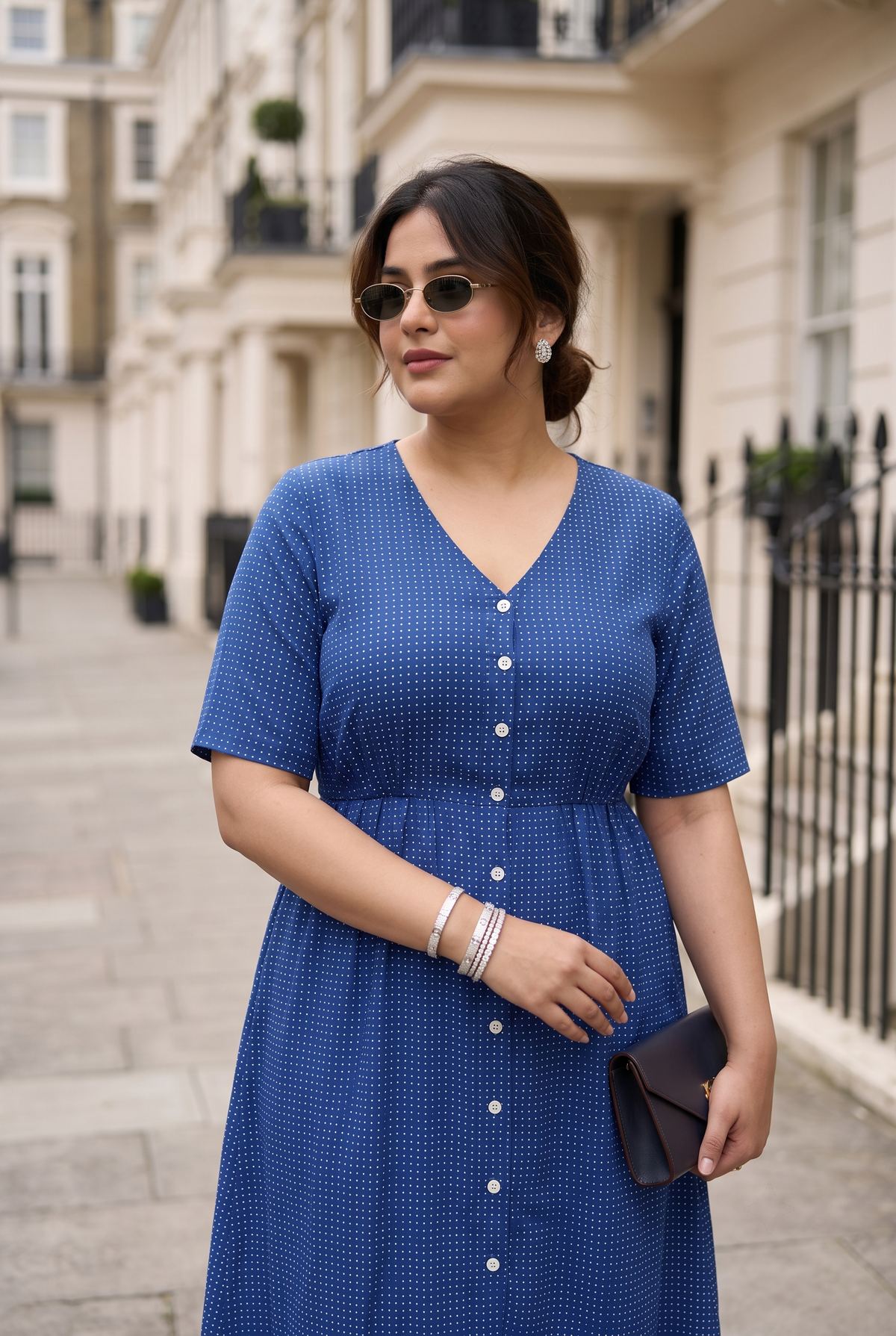 Block Printed Indigo Blue Button Down Midi Dress