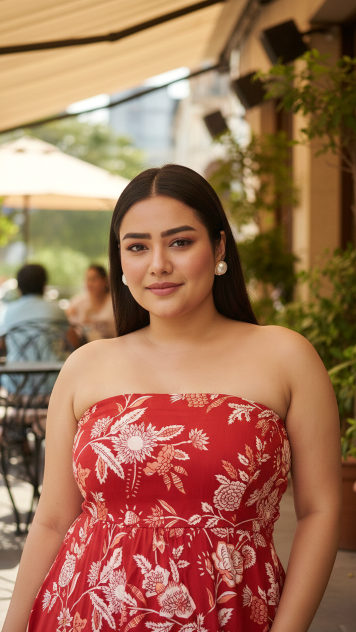 Plus Size Women’s Red Floral Cotton Strapless Maxi Dress