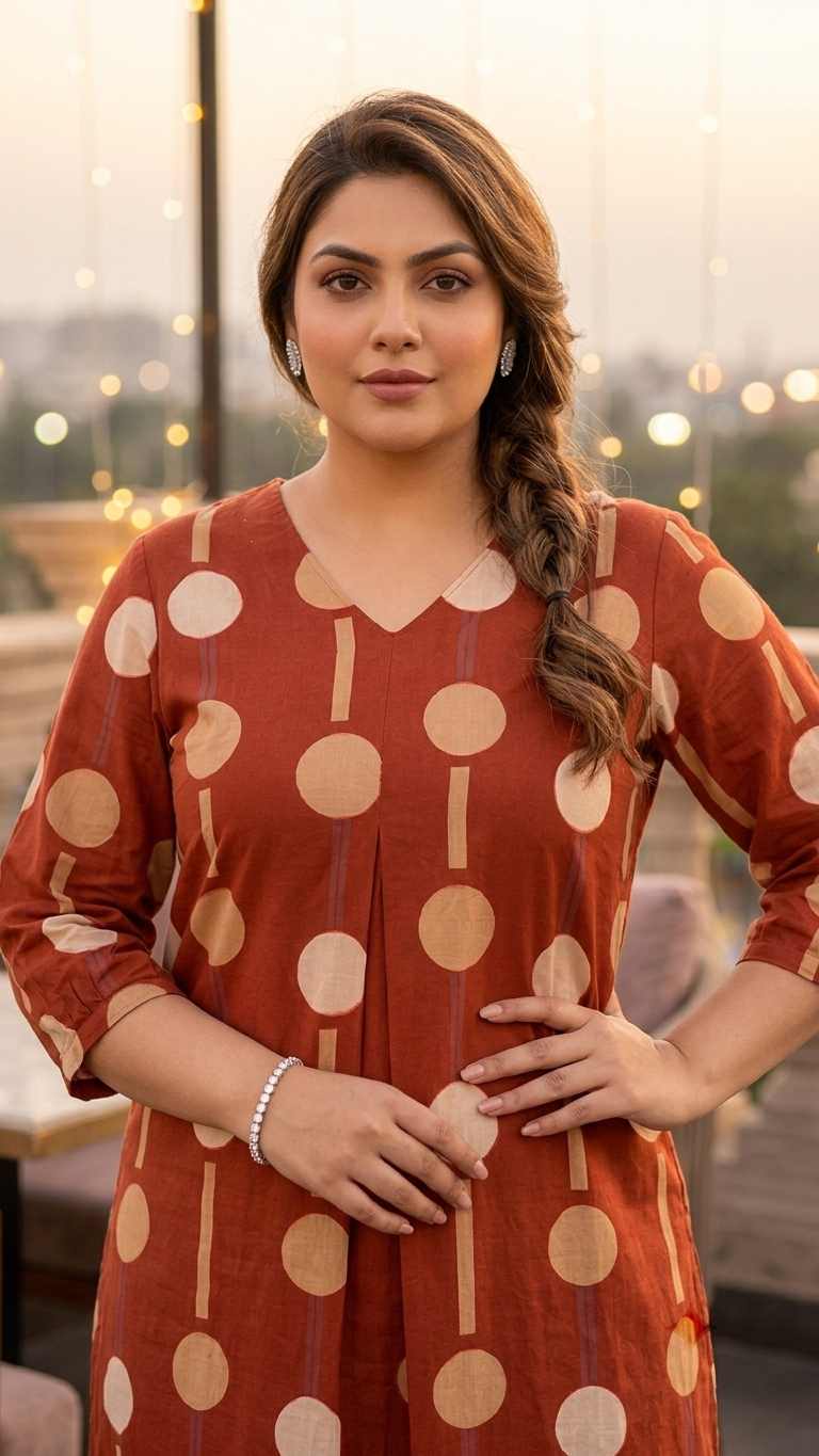 Plus Size Rust Cotton Co-ord Set for Women | Printed Kurta with Lace Palazzo