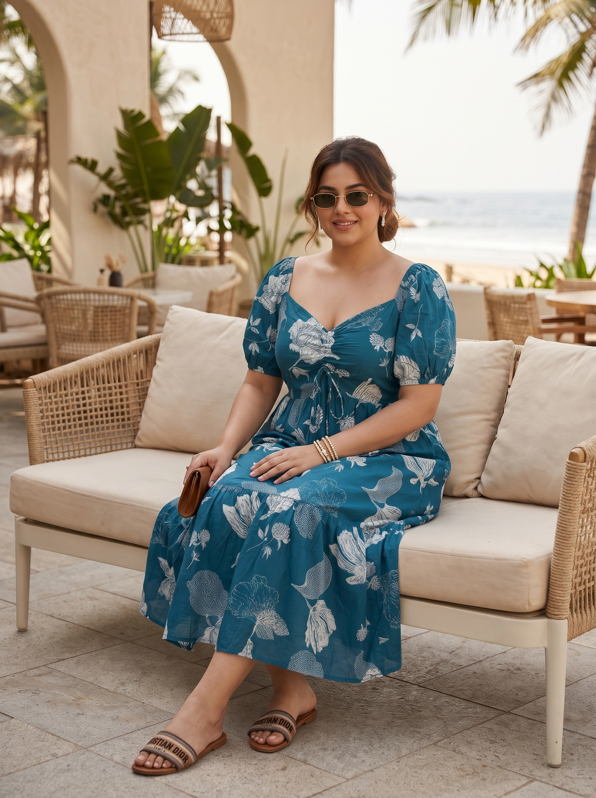 Teal Blue Floral Print Cotton Midi Dress with Drawstring