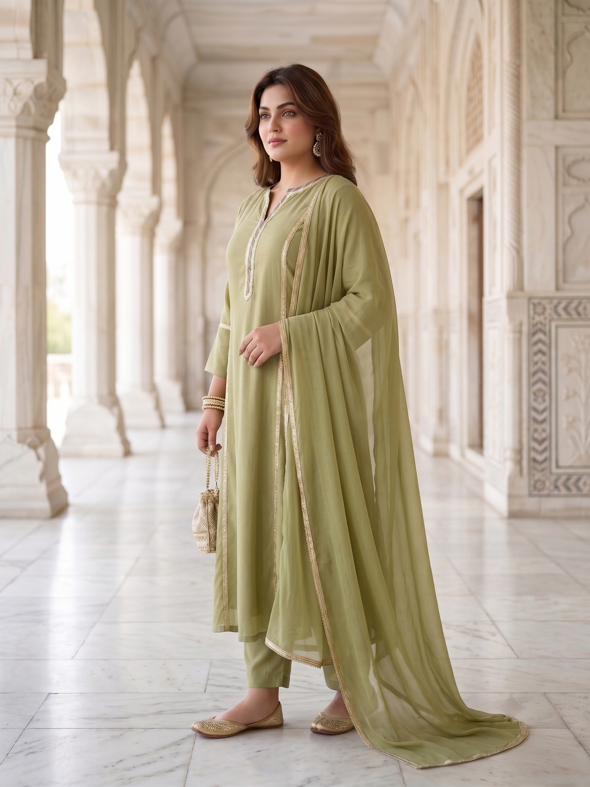 Plus Size Viscose Dupatta Set – Olive Green Kurta, Pant & Dupatta