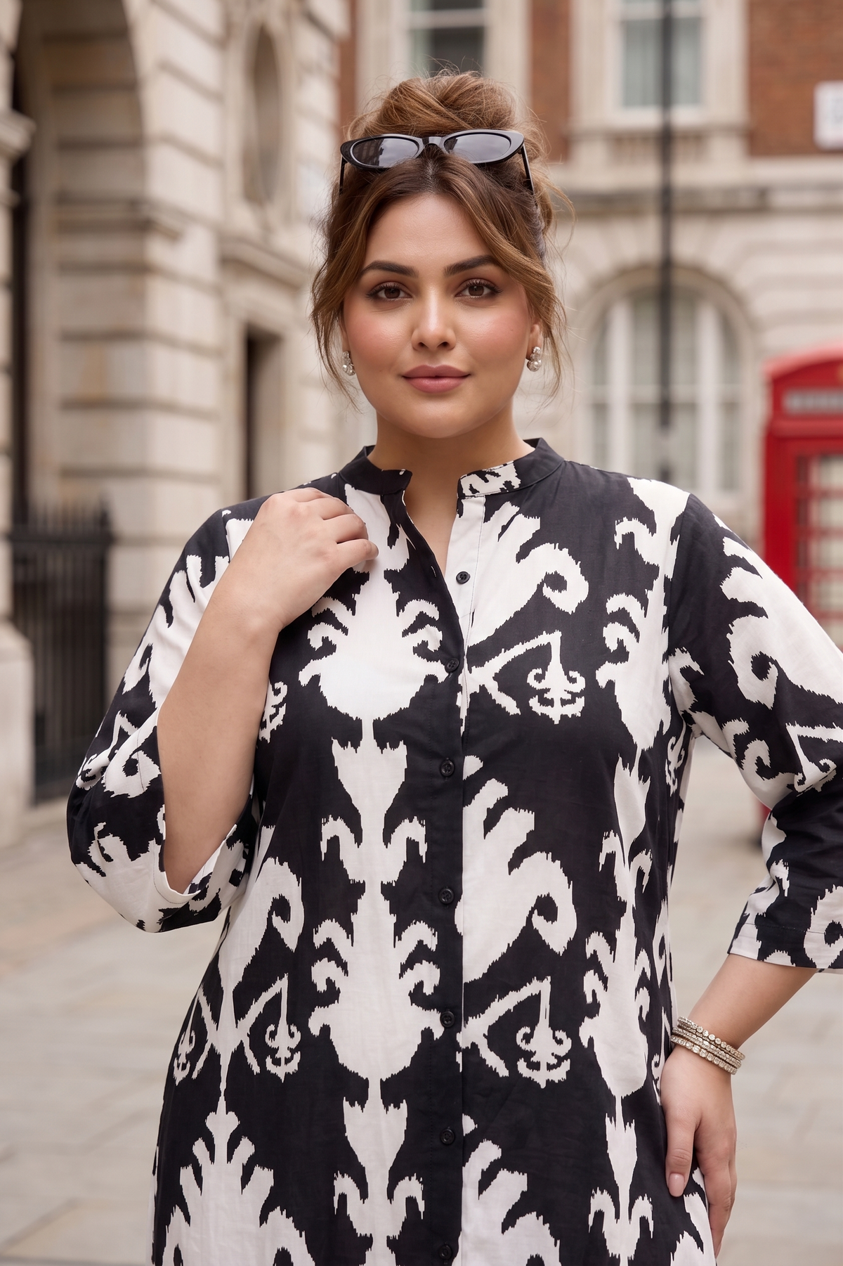 Plus Size Black Printed Cotton Shirt Dress – Casual Ikat Print