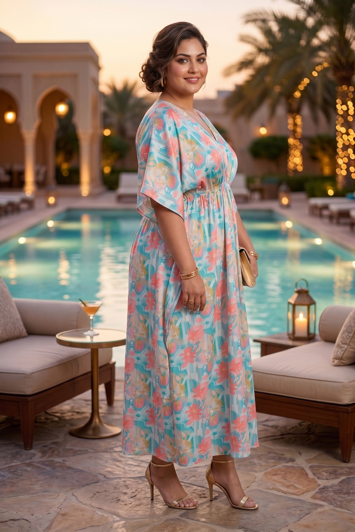 Satin Floral Kaftan Dress