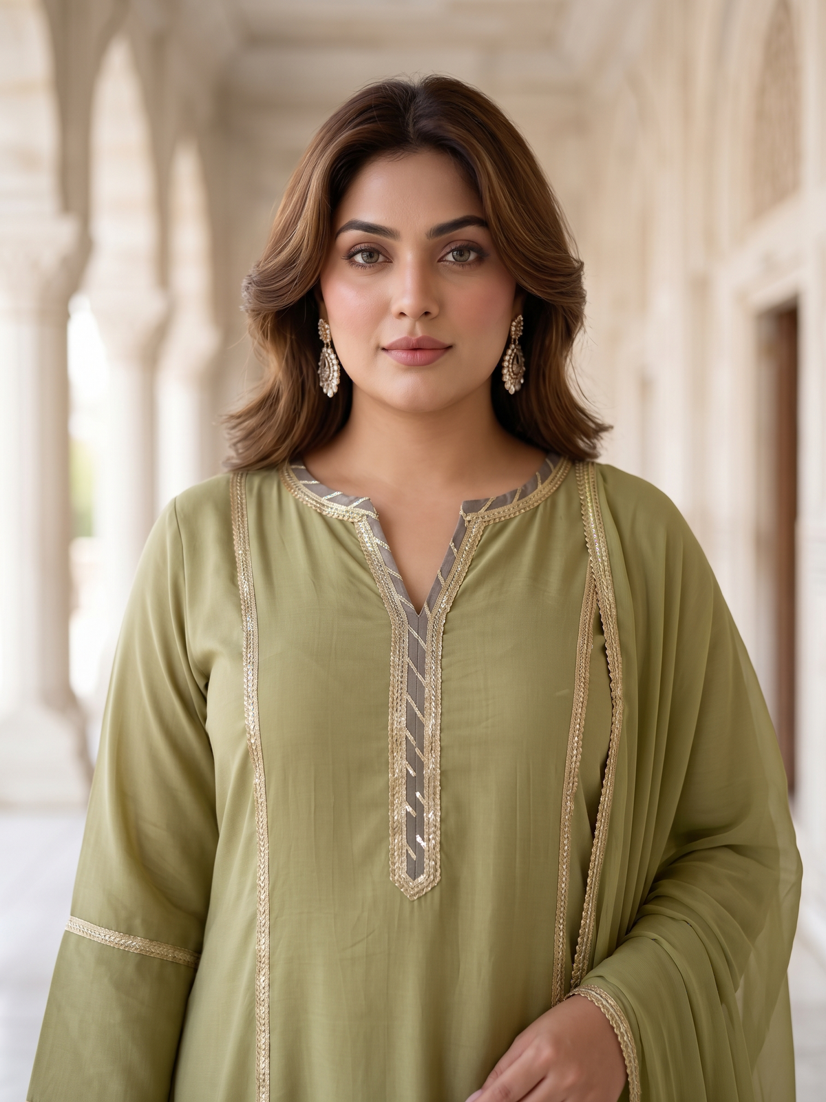 Plus Size Viscose Dupatta Set – Olive Green Kurta, Pant & Dupatta