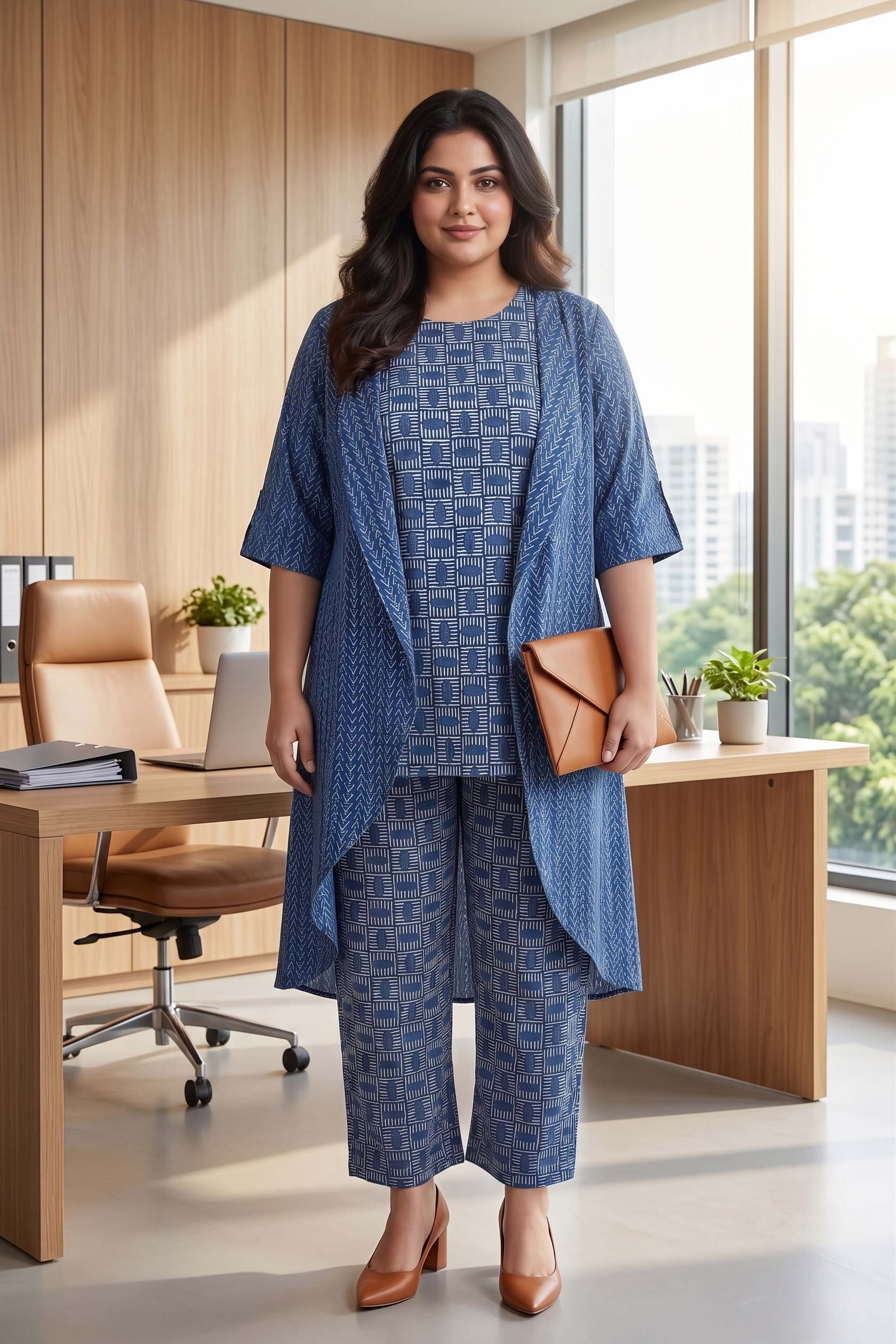 Blue Geometric Print Co-ord with Shrug