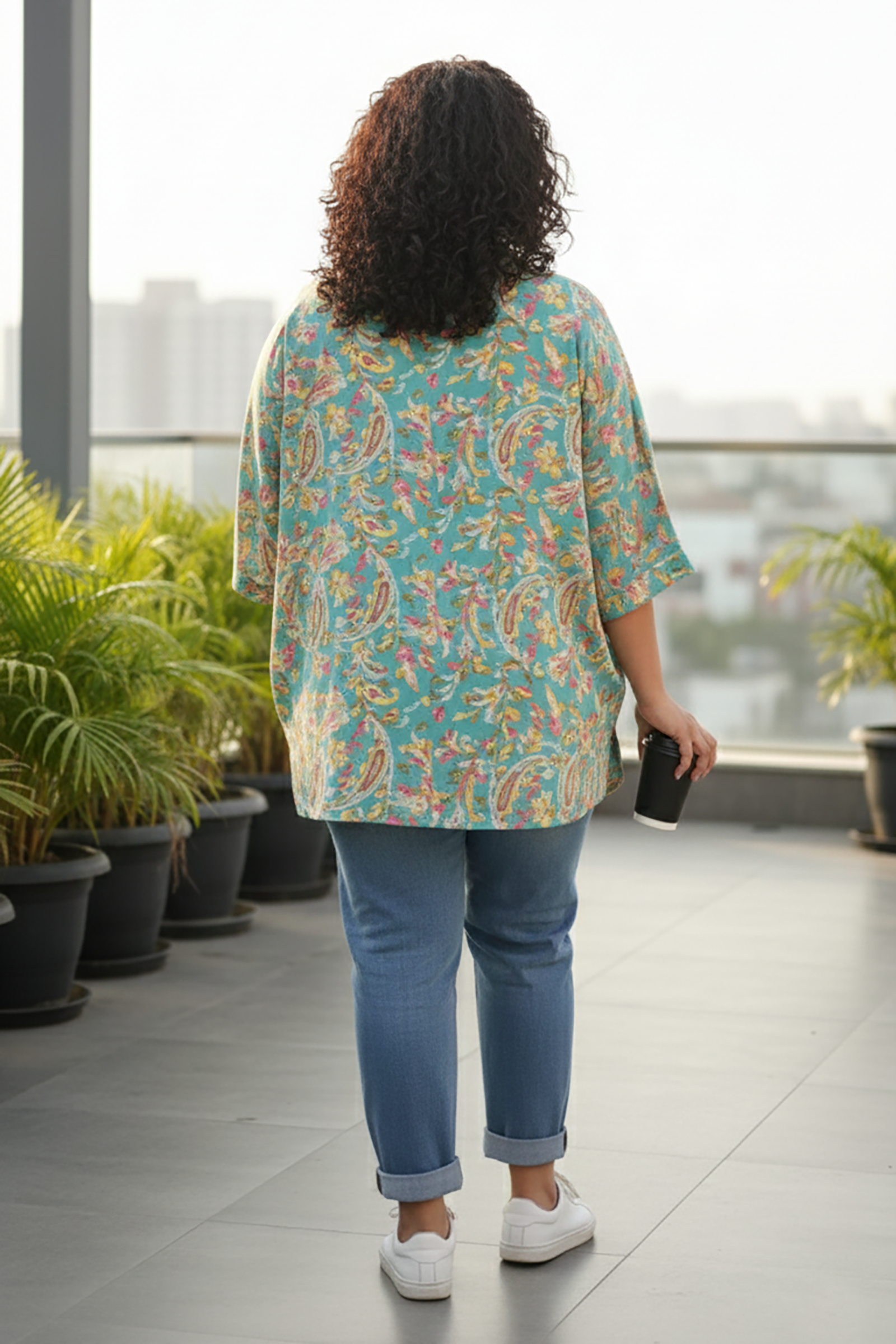Plus Size Teal Green Floral Print Relaxed Fit Women Shirt