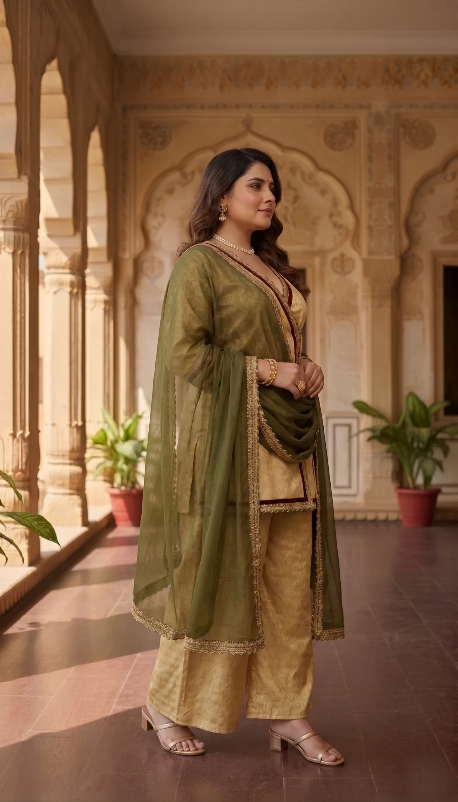 Plus Size Gold Jacquard Kurta Set with Chiffon Dupatta – Festive Ethnic Wear