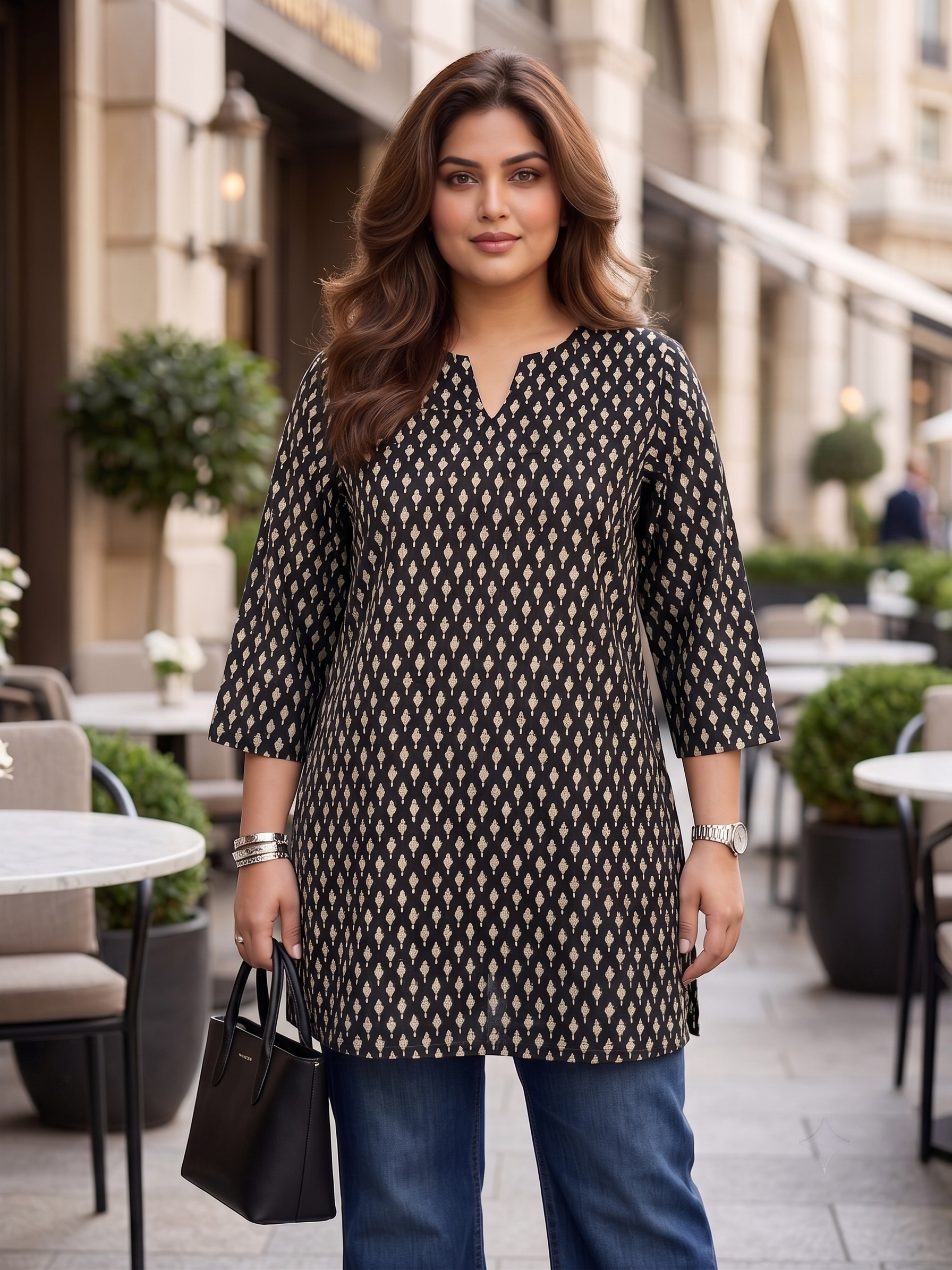 Plus Size Black Printed Cotton Top for Women | Mandarin Neck Casual Kurti Top