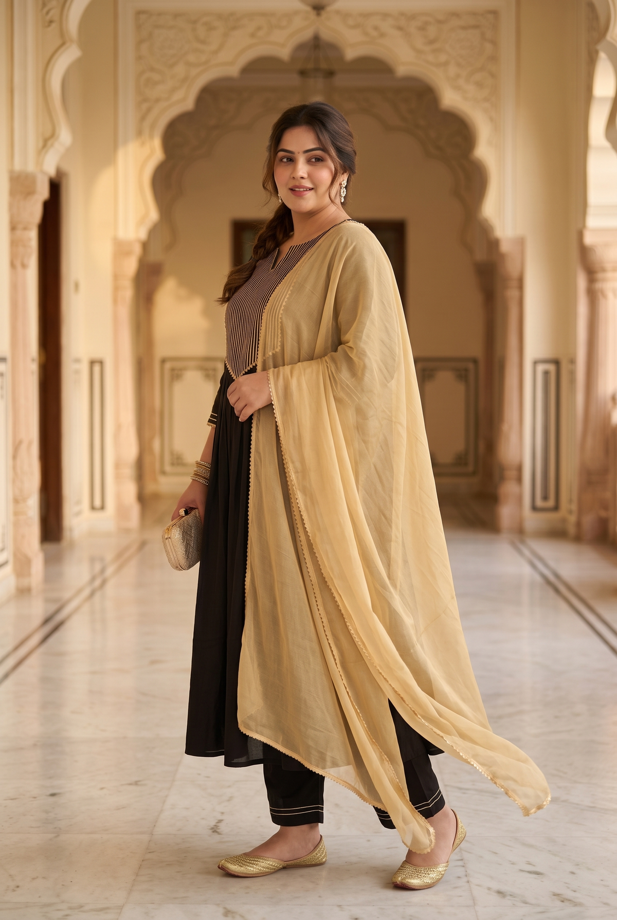 Black Gold Cambric Kurta Pant Set with Chiffon Dupatta (Set of 3)