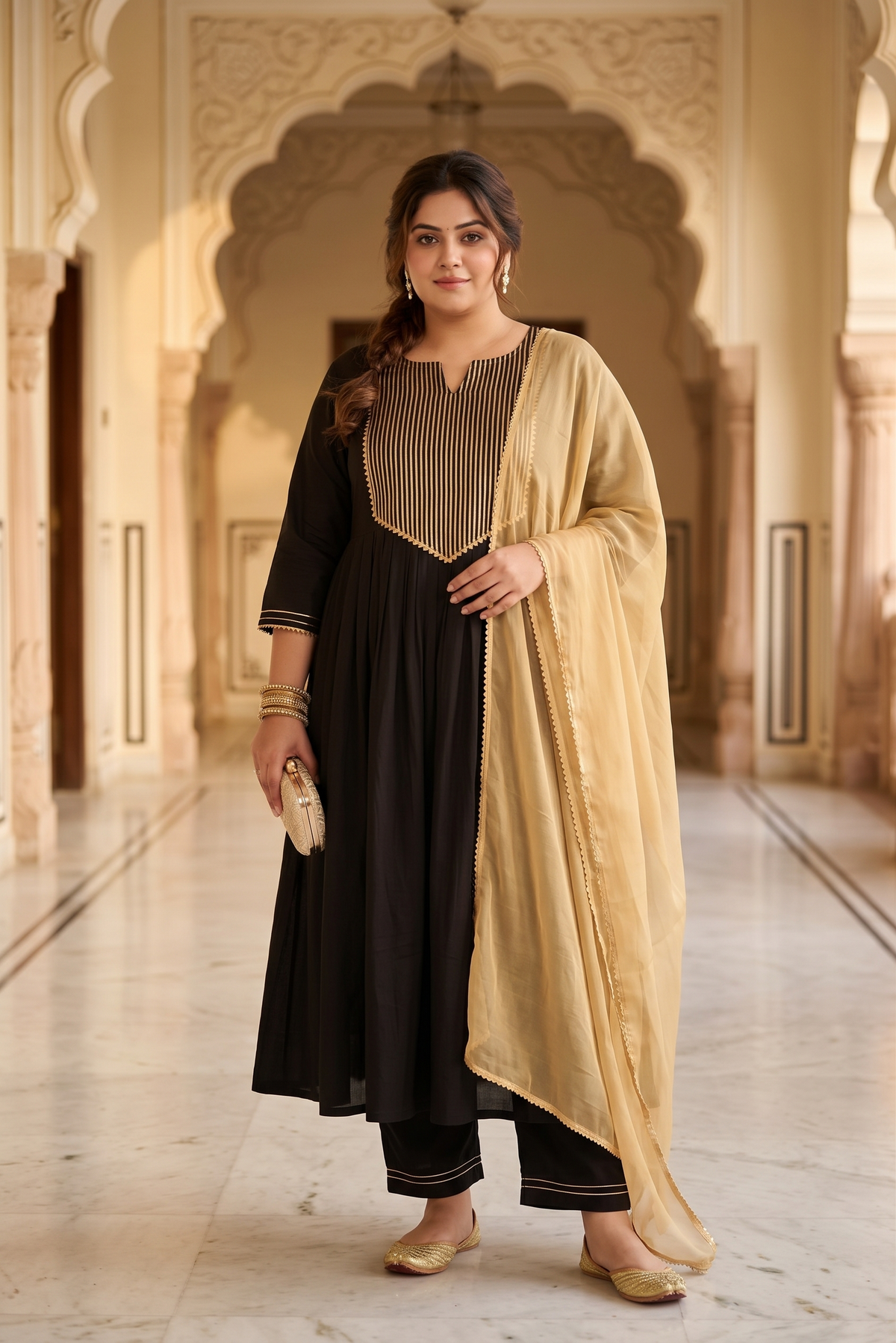 Black Gold Cambric Kurta Pant Set with Chiffon Dupatta (Set of 3)
