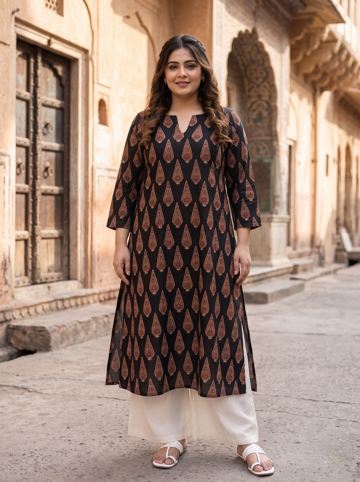 Plus Size 100% Cotton Printed Kurta – Black Paisley Straight Fit Kurta