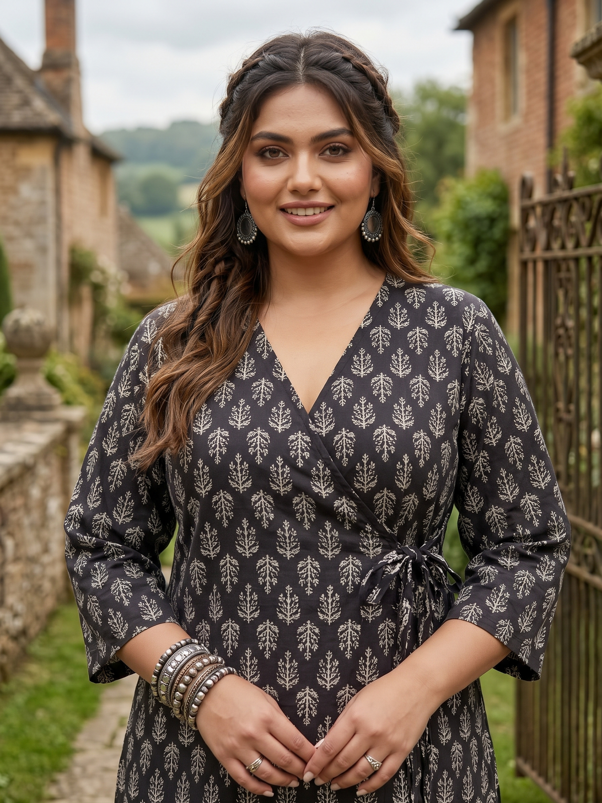 Plus Size Black Closed Angrakha 100% Cotton Printed Tie-Up Co-ord Set