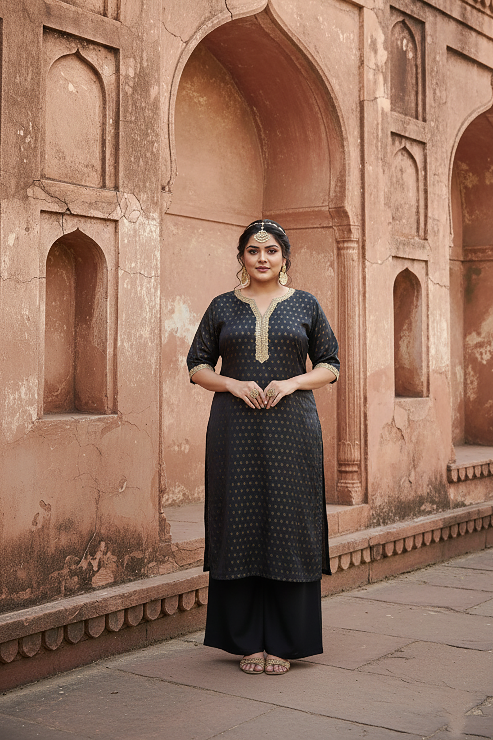 Plus Size Black & Gold Festive Benarasi Kurta Set with Chanderi Dupatta(Set of 3)