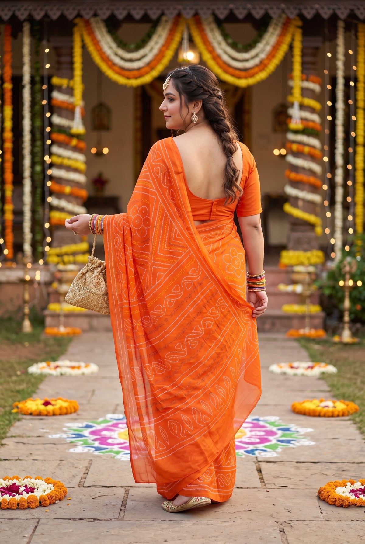 Vibrant Orange Bandhani Saree