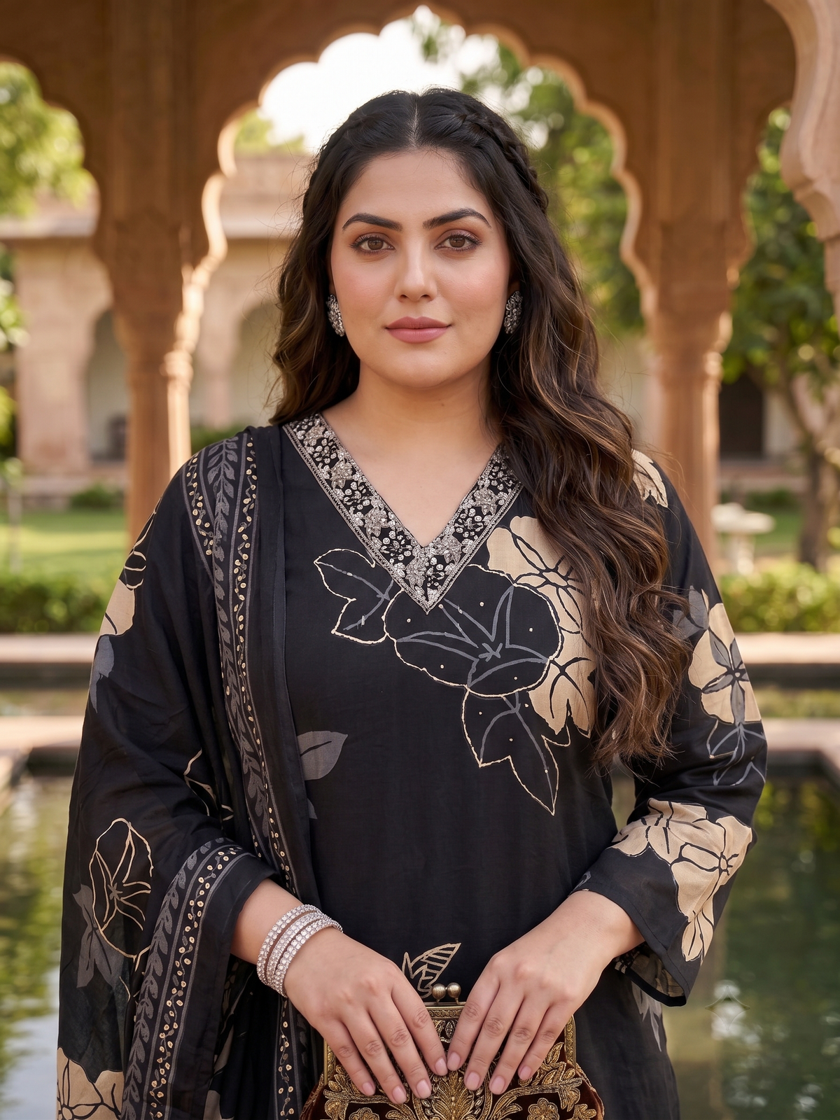 Plus Size Black Floral Print Cotton Kurta Set with Dupatta