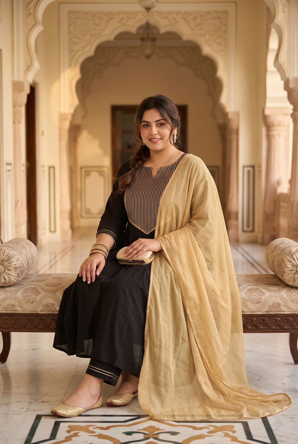 Black Gold Cambric Kurta Pant Set with Chiffon Dupatta (Set of 3)