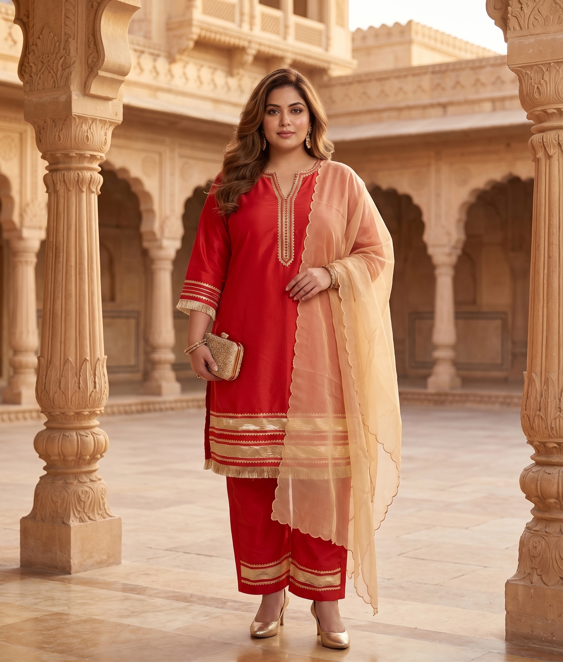 Crimson Red Taffeta Kurta Set with Gota Patti