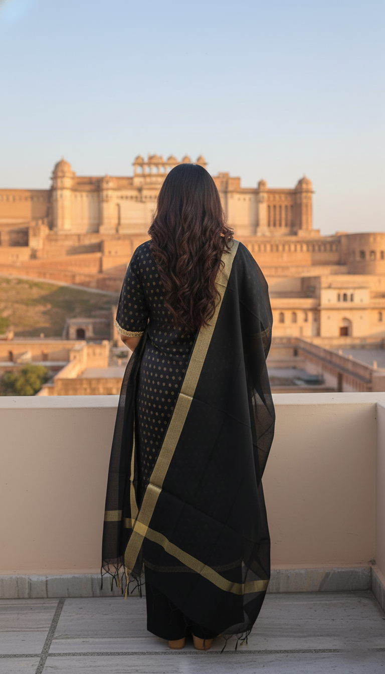 Plus Size Black & Gold Festive Benarasi Kurta Set with Chanderi Dupatta(Set of 3)