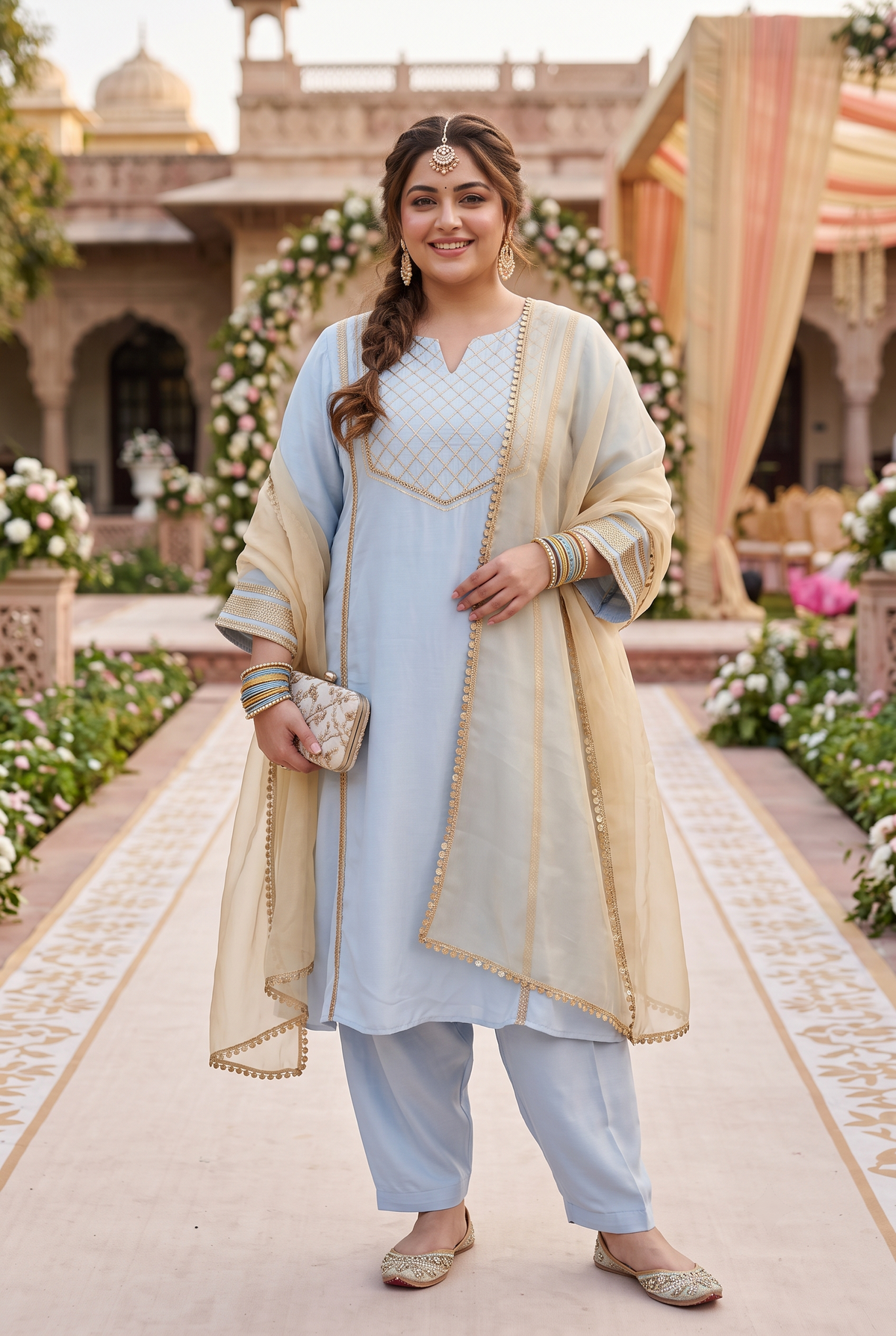 Plus Size Powder Blue Embroidered Kurta Salwar Set with Dupatta(Set of 3)