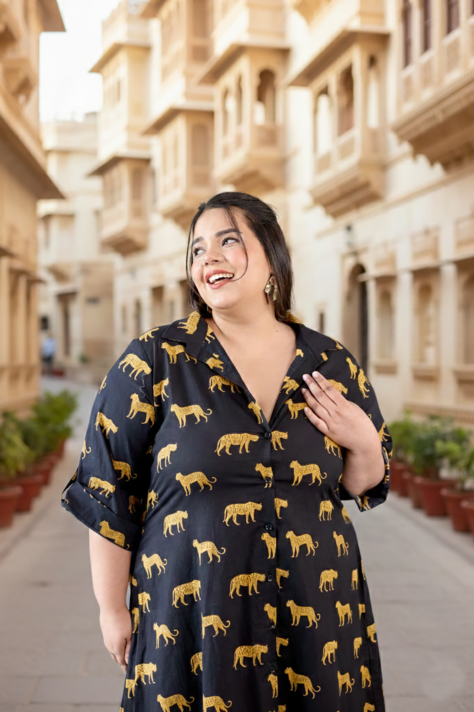 Cheetah Print Cotton Black Shirt Dress