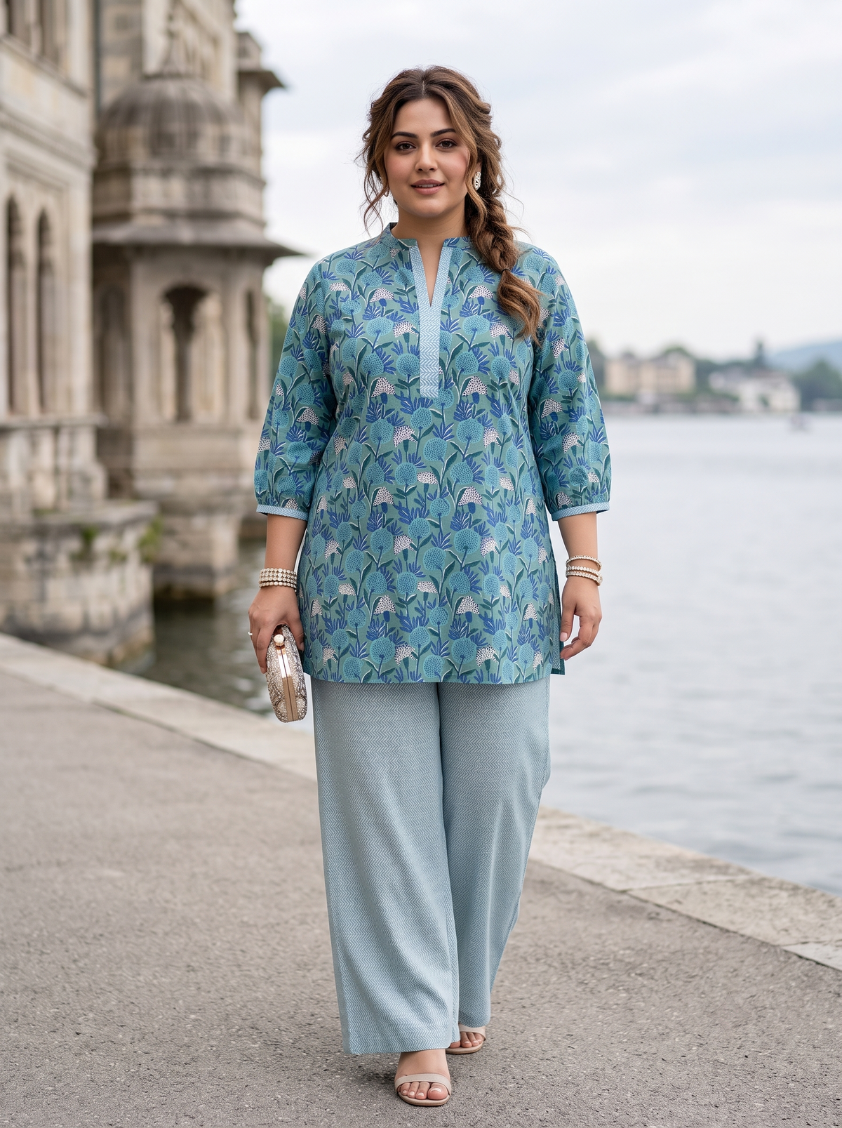 Sky blue 100% Cotton short kurta & palazzo set ( Set of 2)