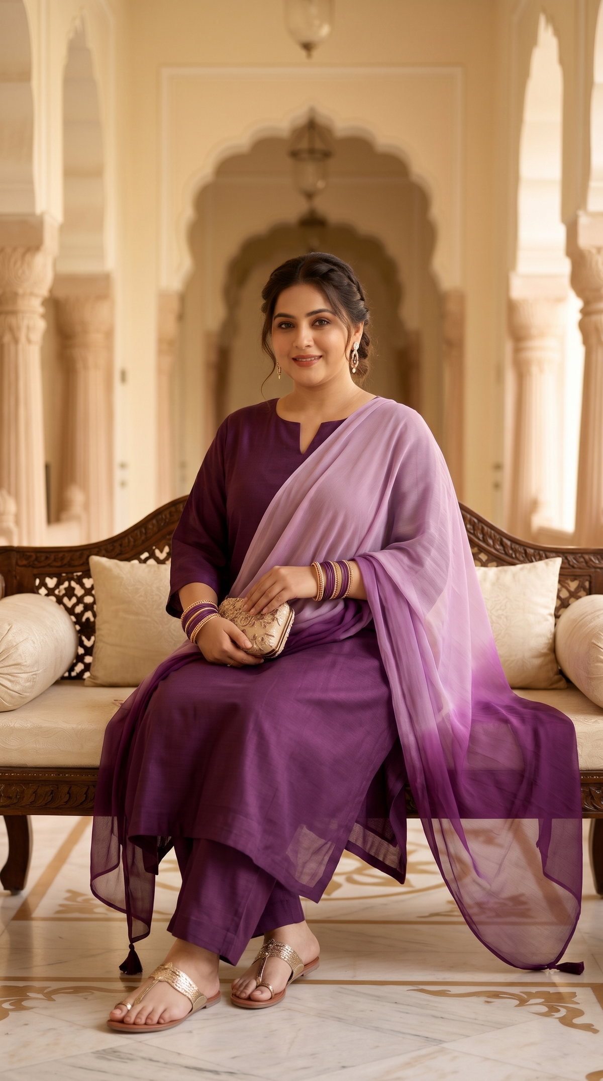 Plus Size Viscose Dupatta Set – Wine Kurta, Pant & Chiffon Dupatta