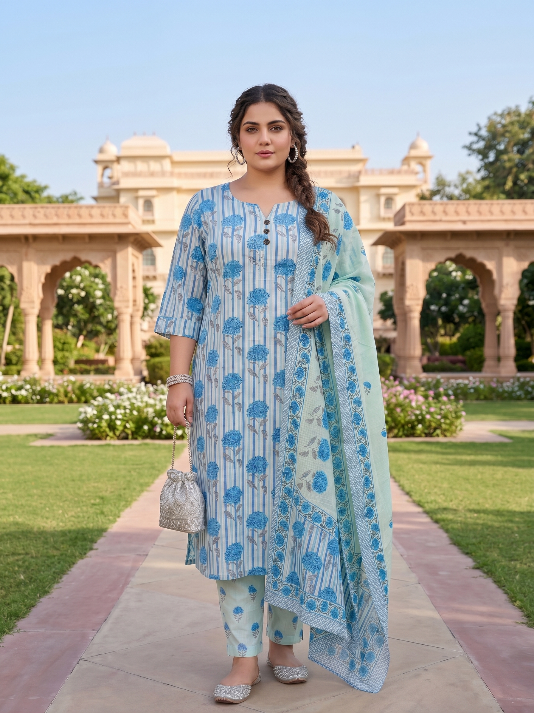 Plus Size Sky Blue Cotton Printed Kurta Set with Dupatta