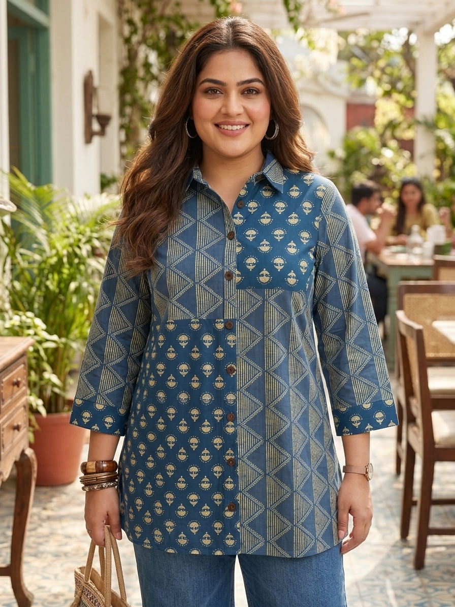 Plus Size Blue Printed Cotton Shirt for Women | Collared Button-Down Casual Shirt