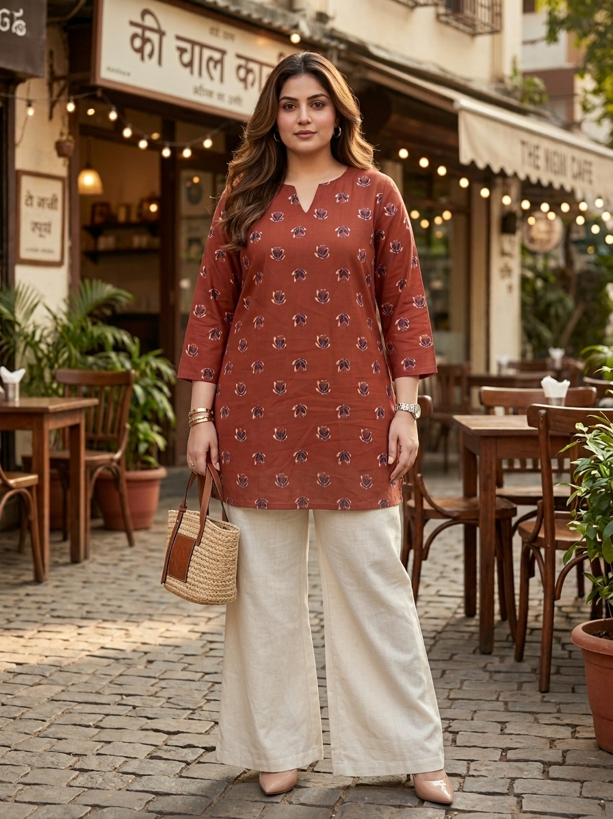 Plus Size Rust Printed Cotton Top for Women | Casual Straight Kurti Top