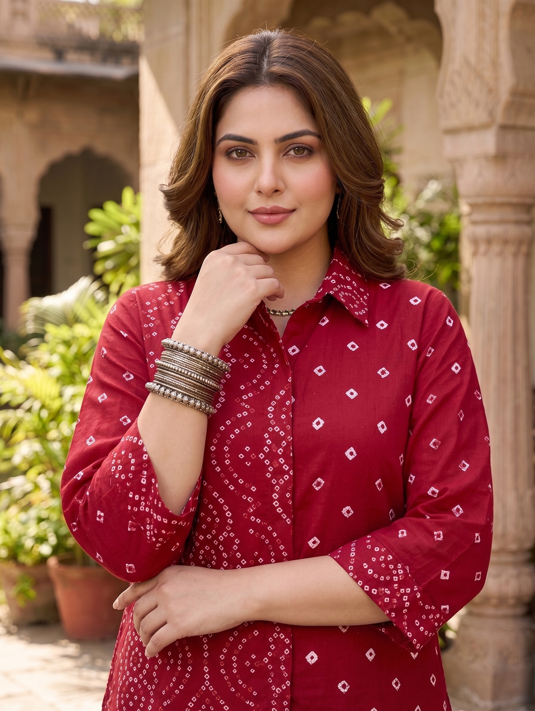 Plus Size Red Bandhani Printed Cotton Shirt for Women | Collared Button-Down Casual Shirt