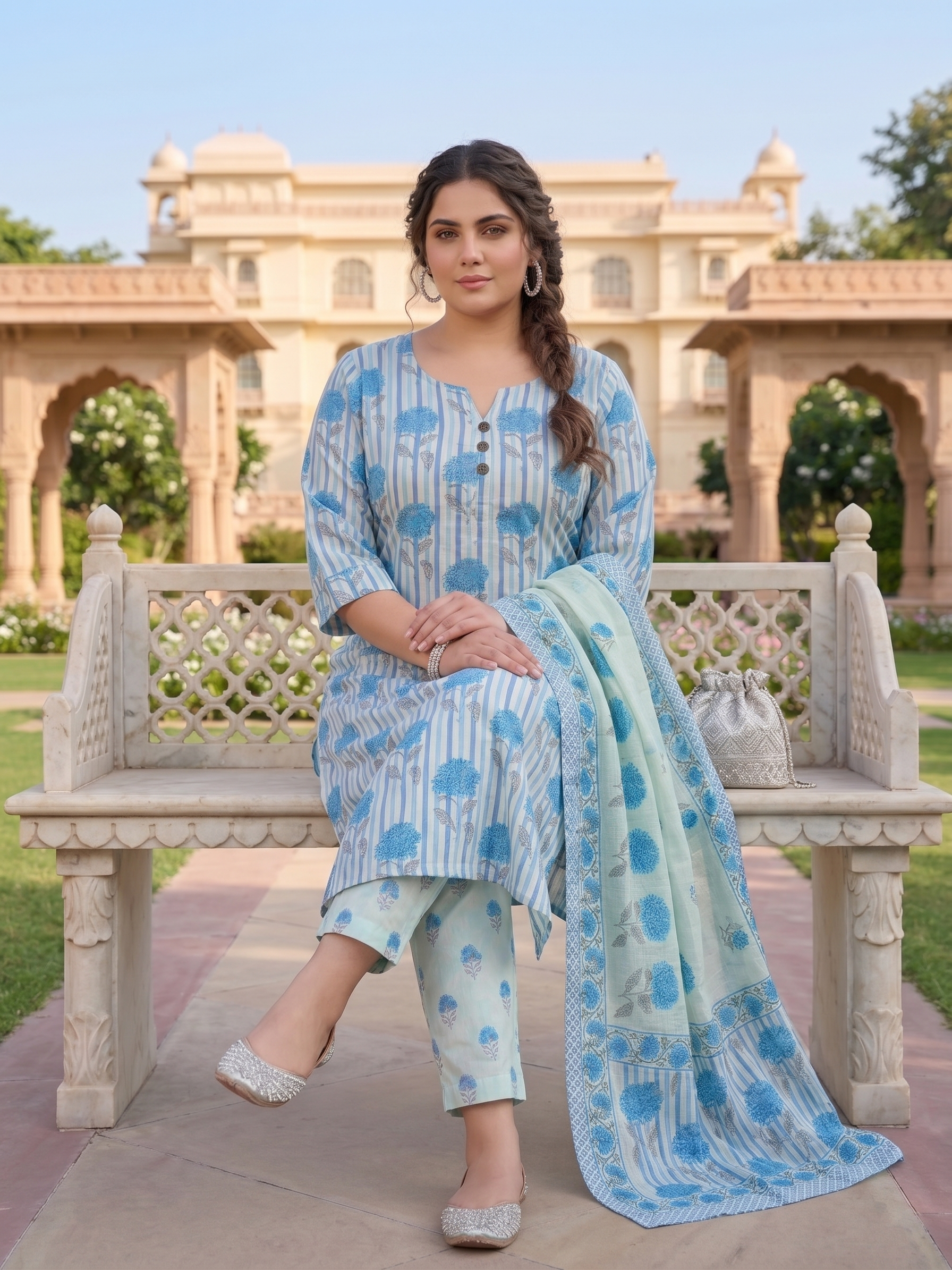 Plus Size Sky Blue Cotton Printed Kurta Set with Dupatta